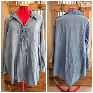 Chambray Peasant Blouse Tunic 1X 7 For All Mankind Hi-lo Hem